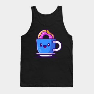 Cute Hot Coffee With Doughnut Cartoon Tank Top